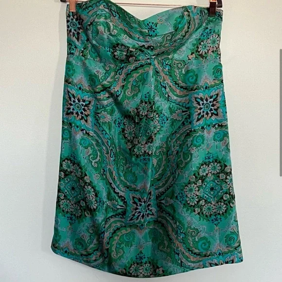 J. Crew 100% Silk Green / Teal Paisley Strapless Boho Dress Women’s Size 14 - Picture 2 of 11